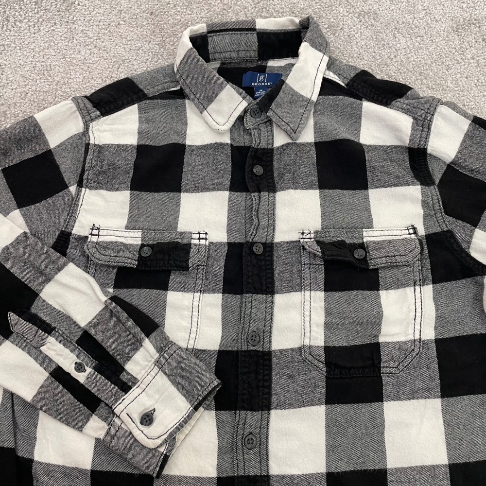 George Men Medium Buffalo Plaid Black White Flannel Button Down Lumberjack Fall